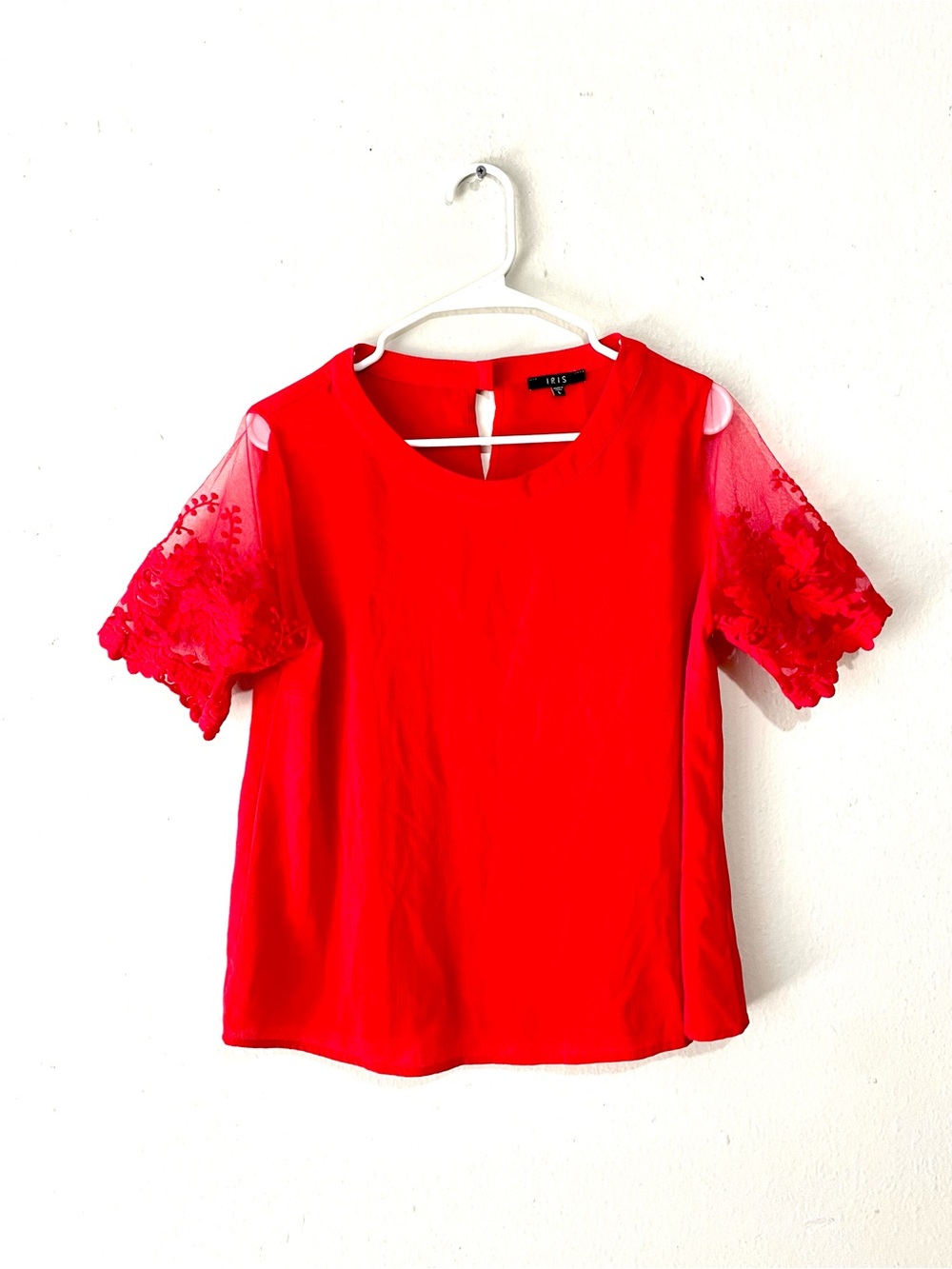 Iris Red Blouse Size Large Pullover Sheer Lace Arms Work Office Travel